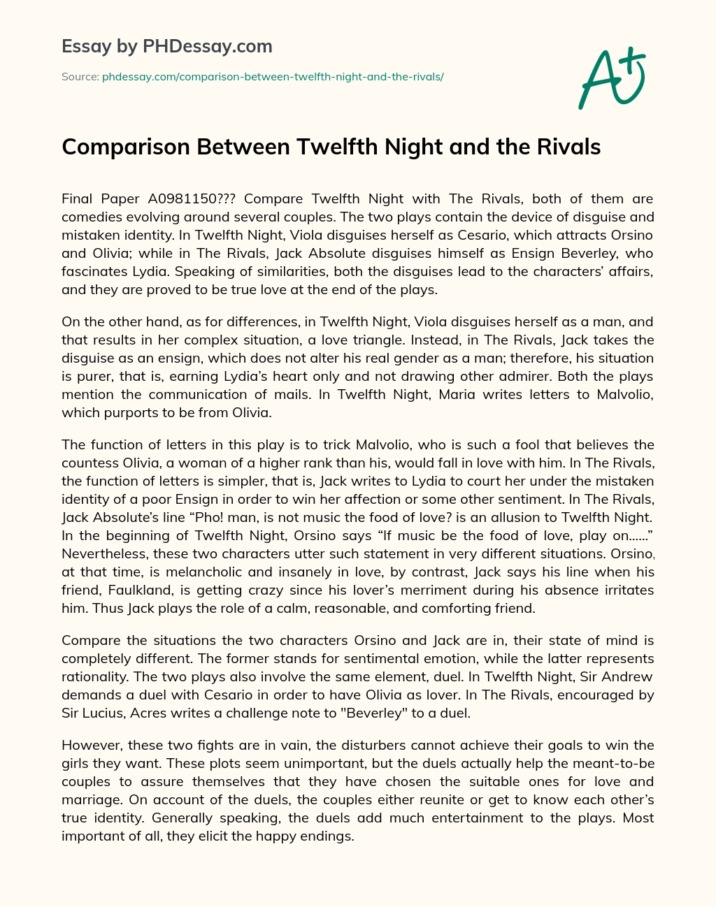 Comparison Between Twelfth Night and the Rivals essay