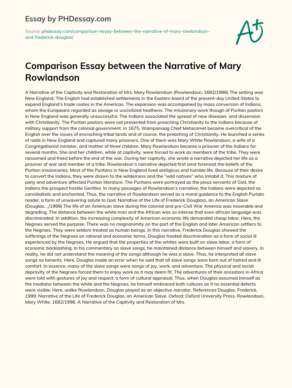 Comparison Essay between the Narrative of Mary Rowlandson essay
