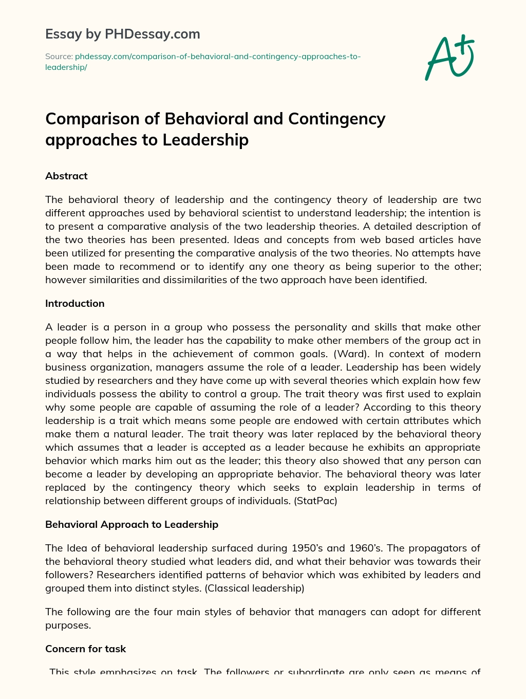 Comparison of Behavioral and Contingency approaches to Leadership essay