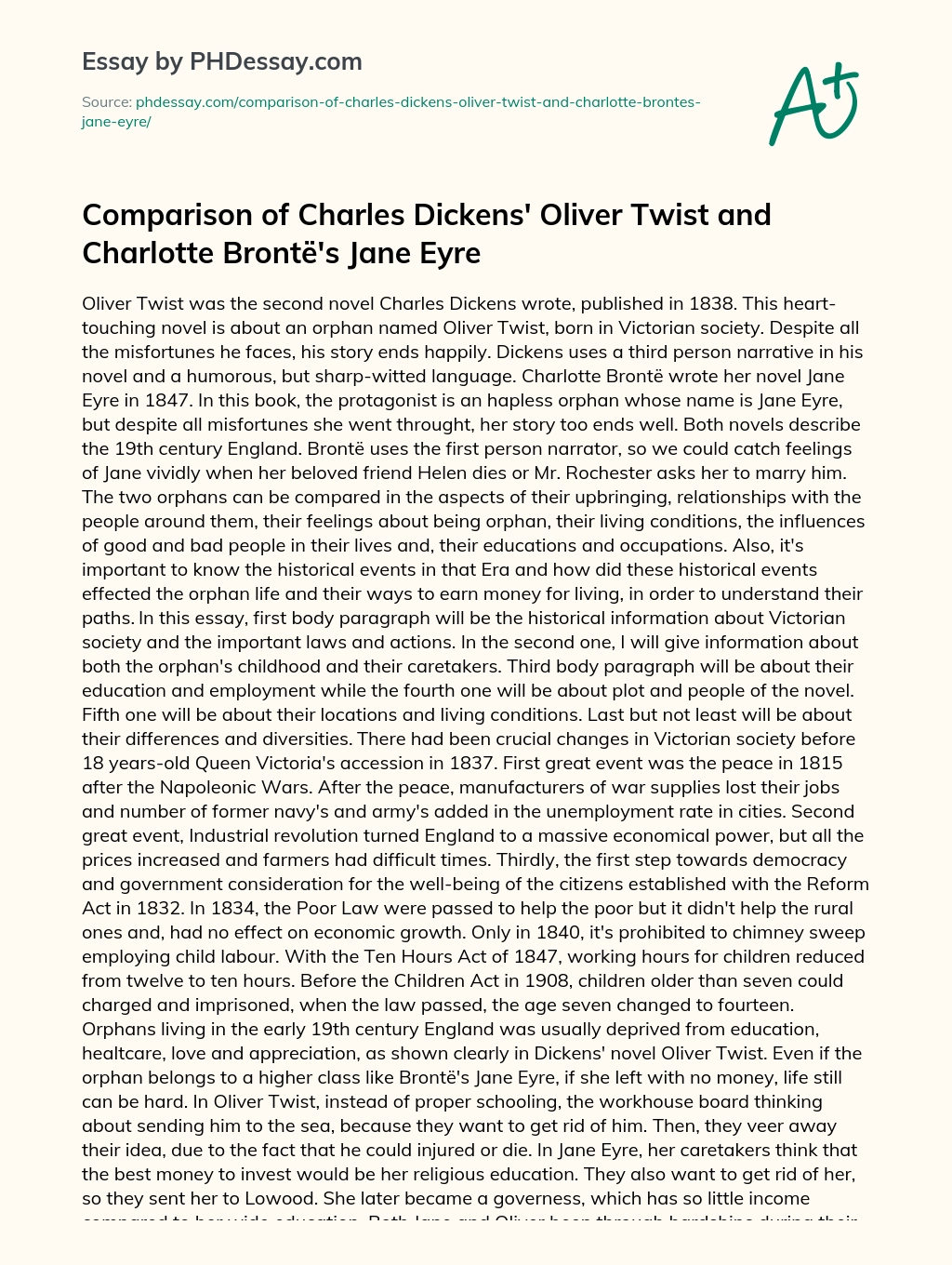 Comparison of Charles Dickens’ Oliver Twist and Charlotte Brontë’s Jane Eyre essay
