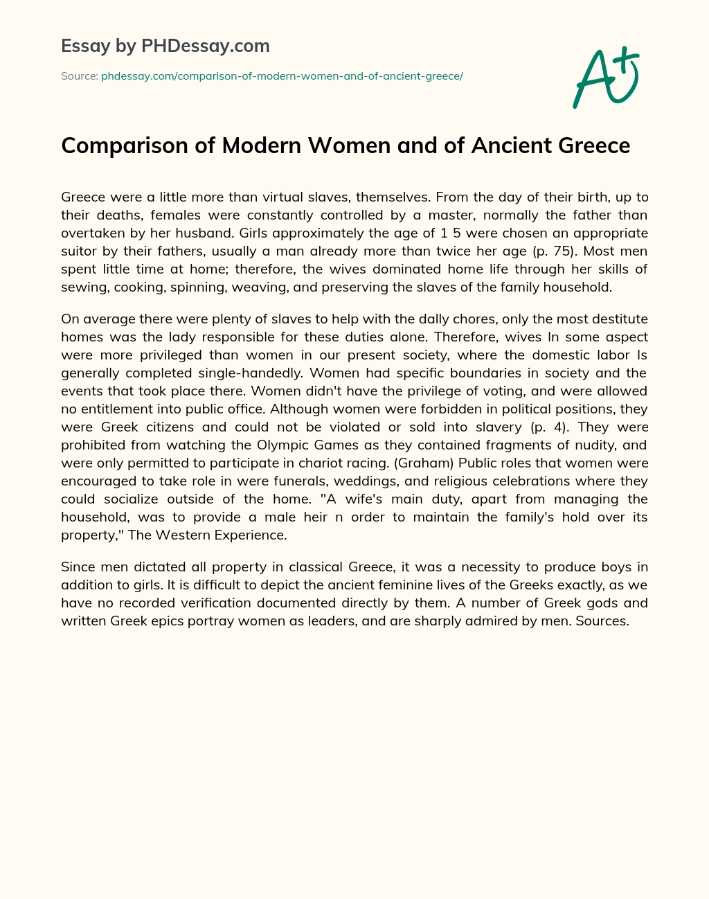 Comparison of Modern Women and of Ancient Greece essay