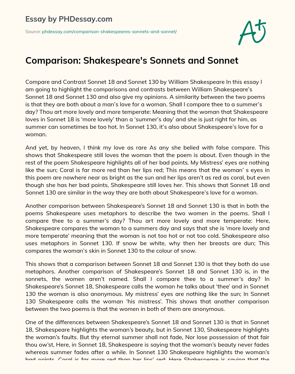 Comparison: Shakespeare’s Sonnets and Sonnet essay