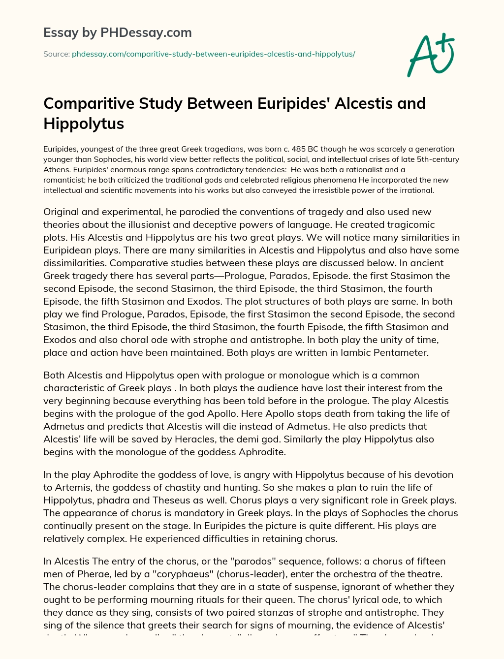 Comparitive Study Between Euripides’ Alcestis and Hippolytus essay