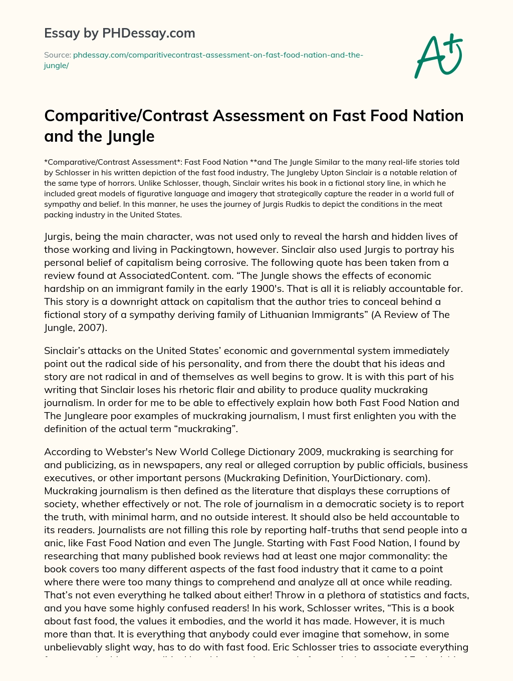 Comparitive/Contrast Assessment on Fast Food Nation and the Jungle essay