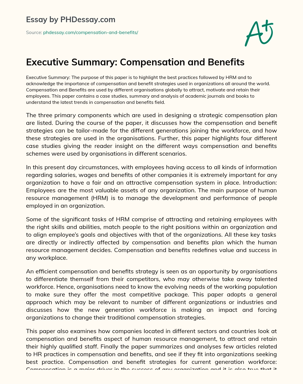 Executive Summary: Compensation and Benefits essay