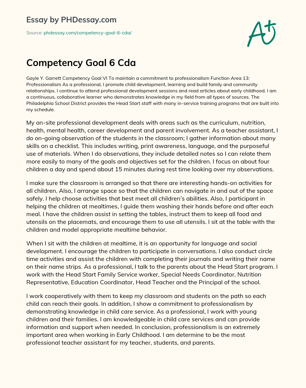 Competency Goal 30 Cda - PHDessay.com