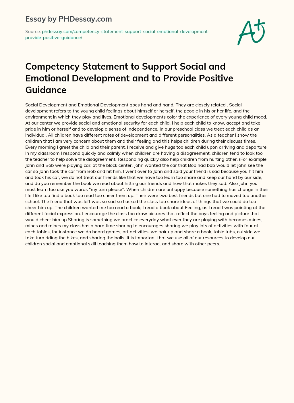Competency Statement to Support Social and Emotional Development and to Provide Positive Guidance essay