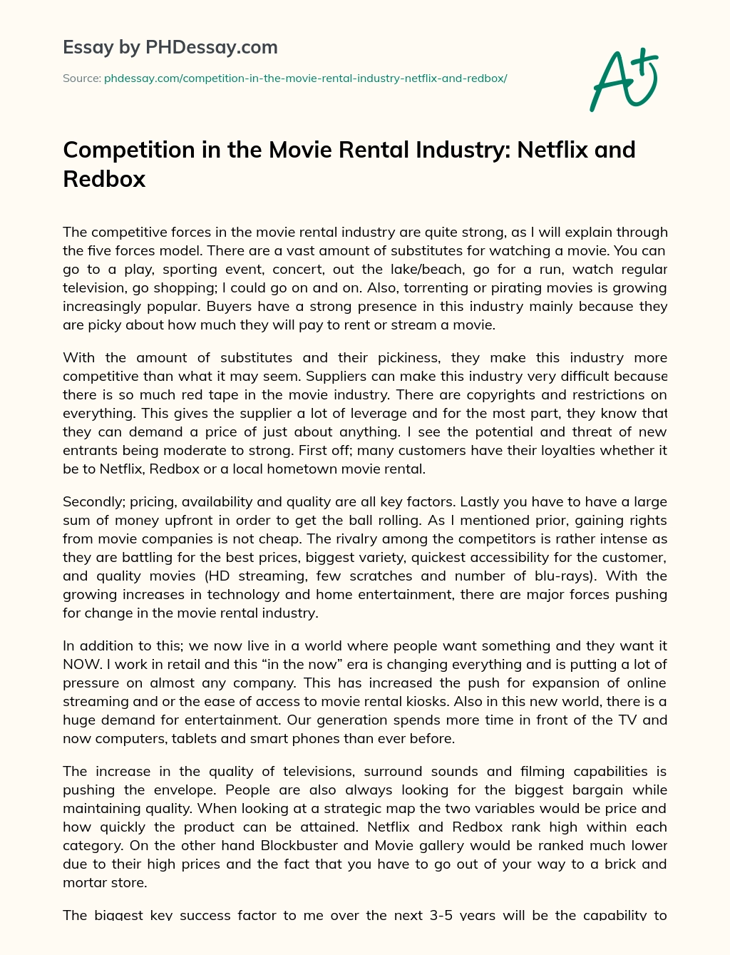 Competition in the Movie Rental Industry: Netflix and Redbox essay