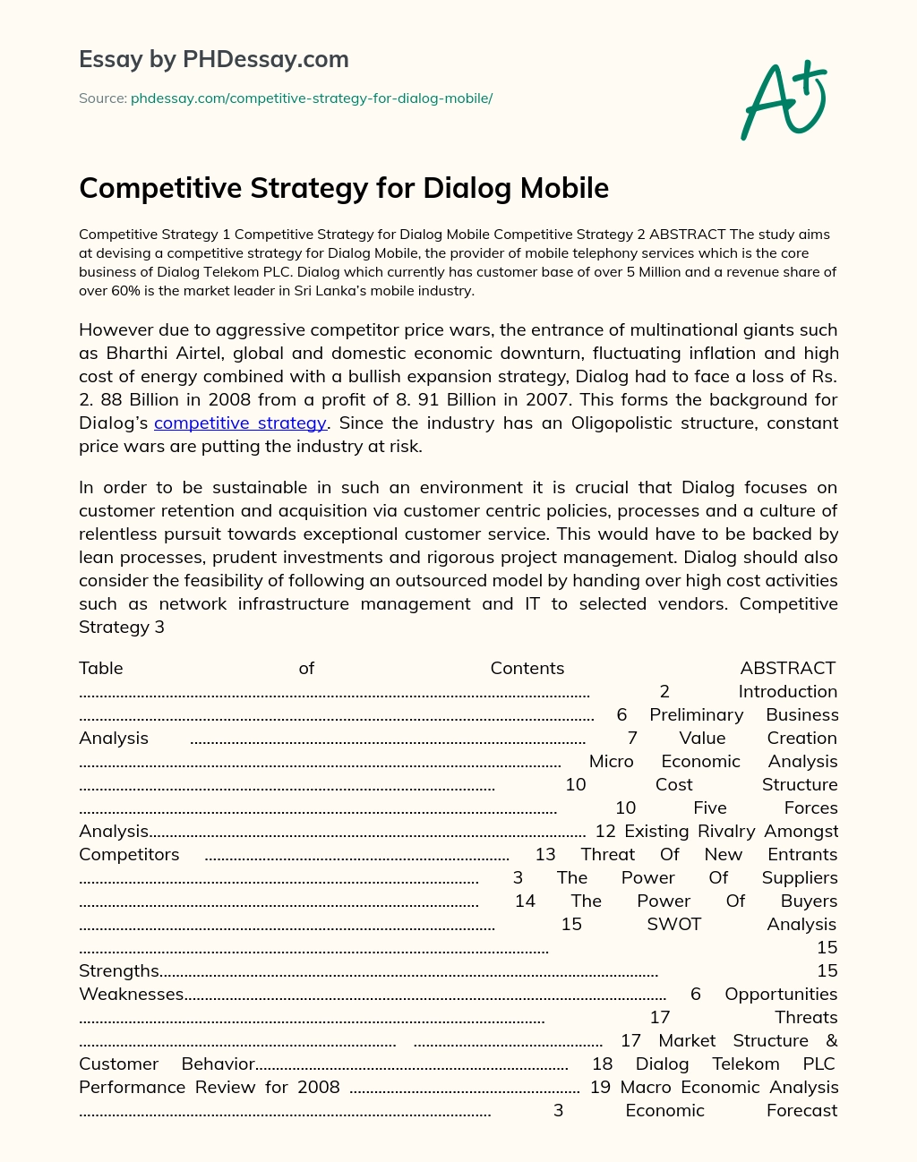 Competitive Strategy for Dialog Mobile essay