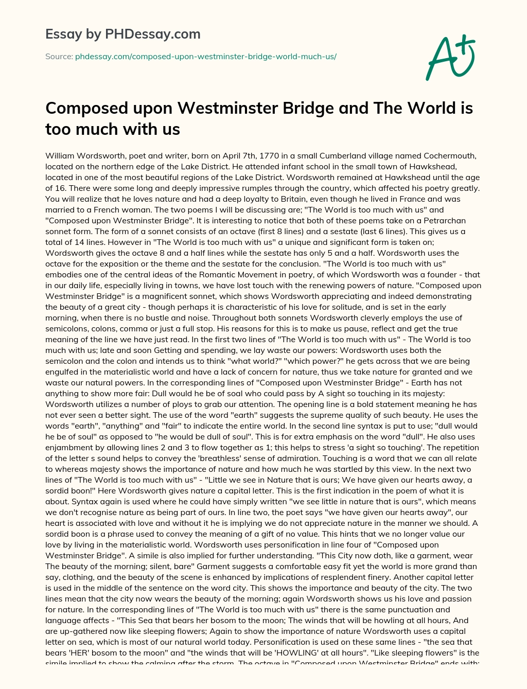 Composed upon Westminster Bridge and The World is too much with us essay