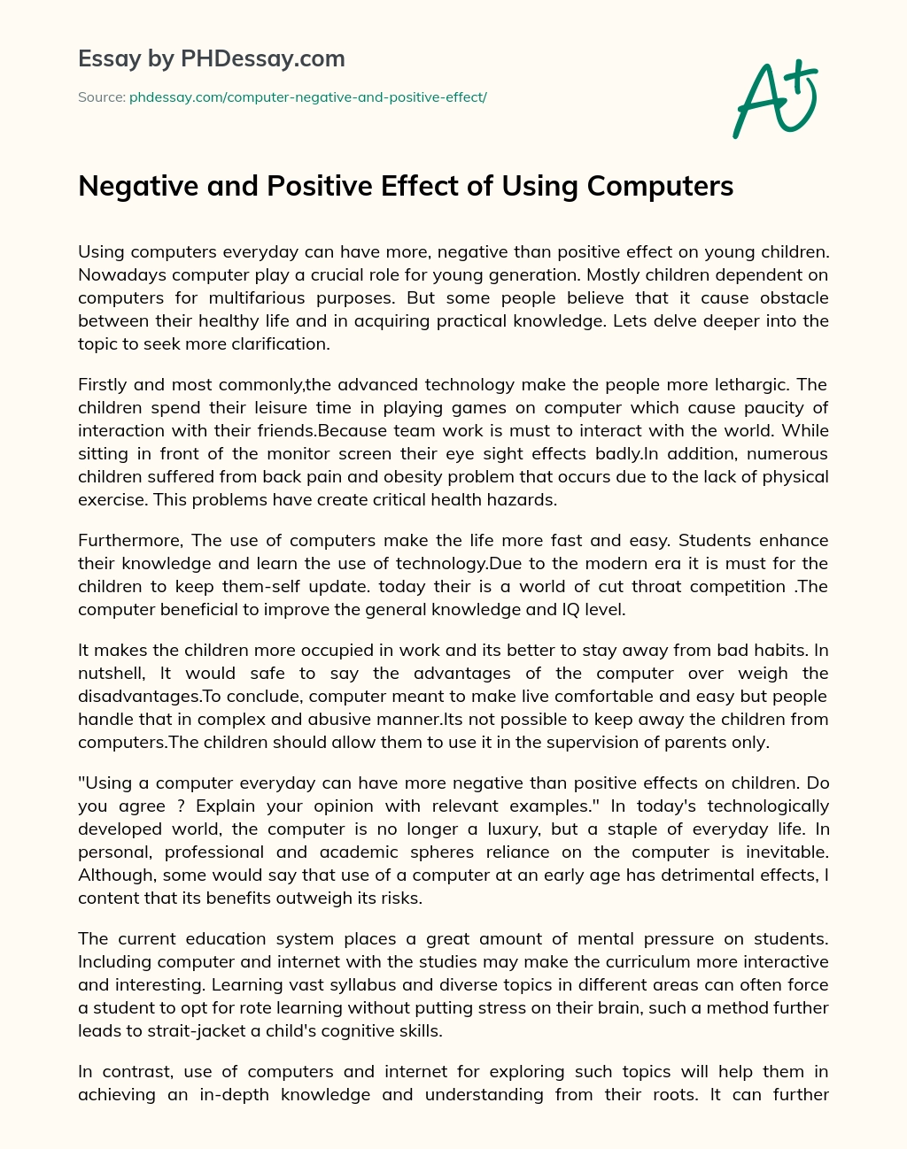 Negative and Positive Effect of Using Computers essay