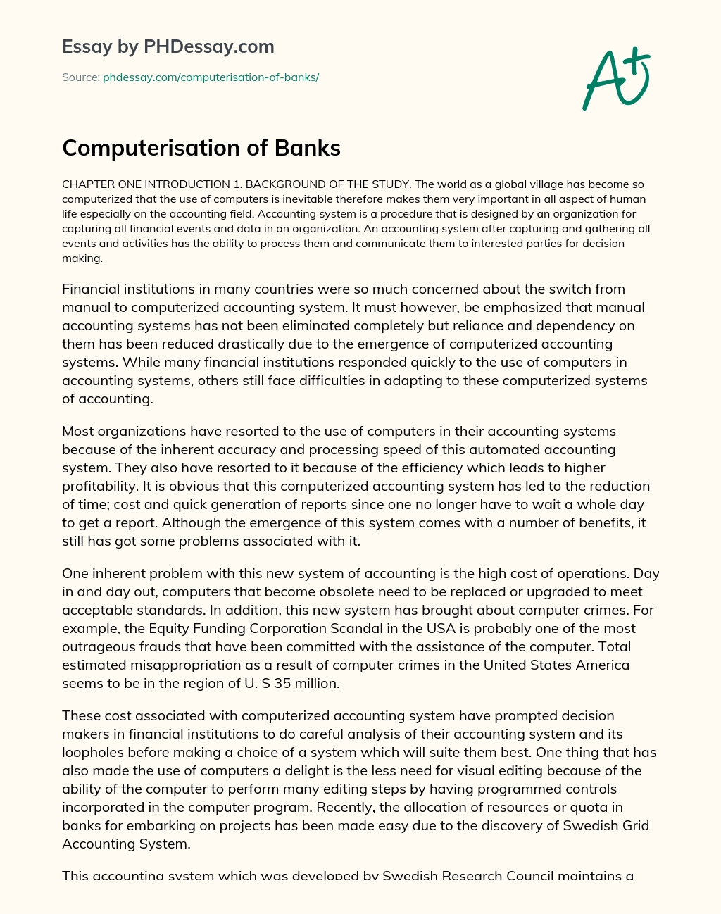 Computerisation of Banks essay
