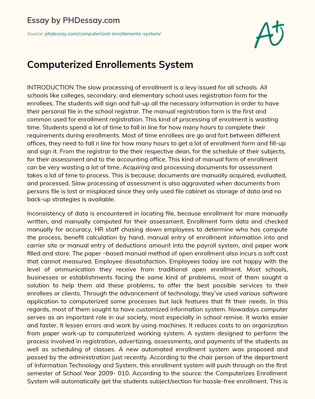 Computerized Enrollements System essay