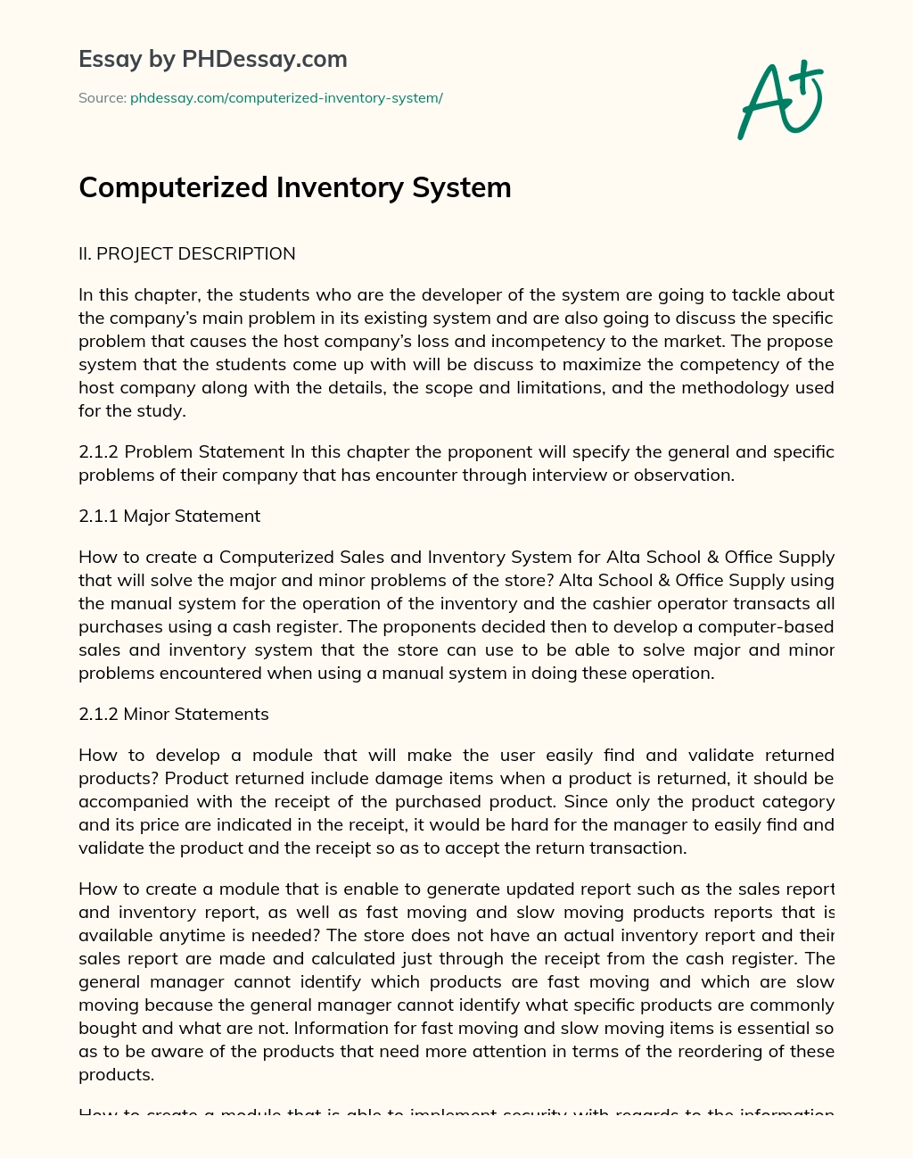 Computerized Inventory System essay