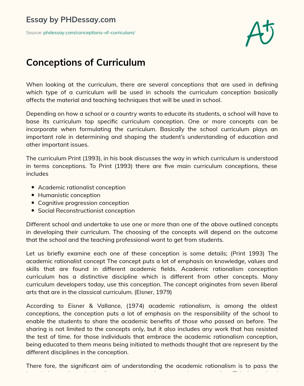 Conceptions of Curriculum essay