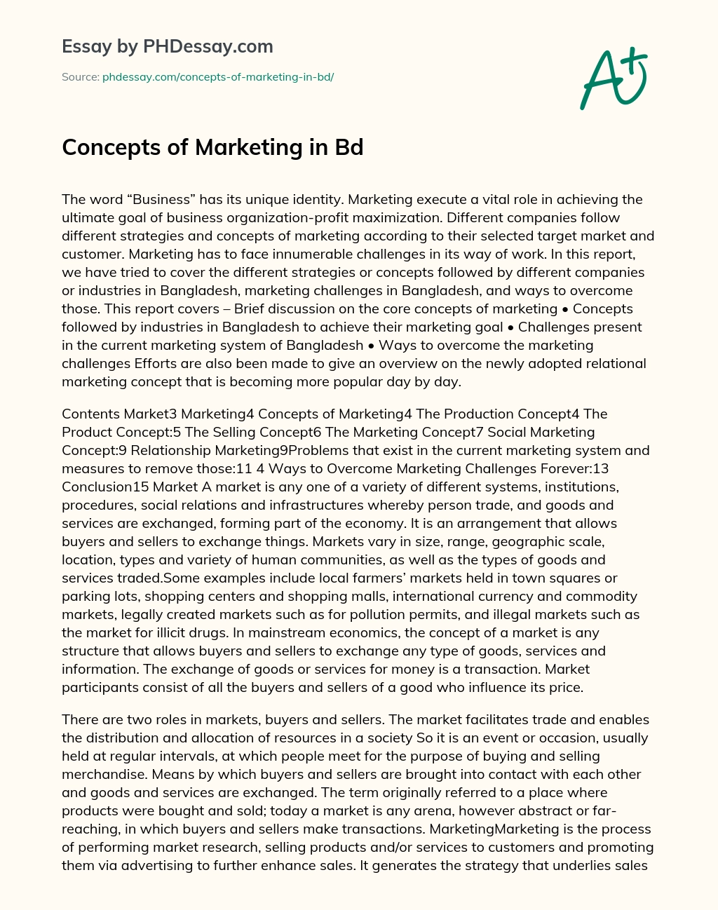Concepts of Marketing in Bd essay