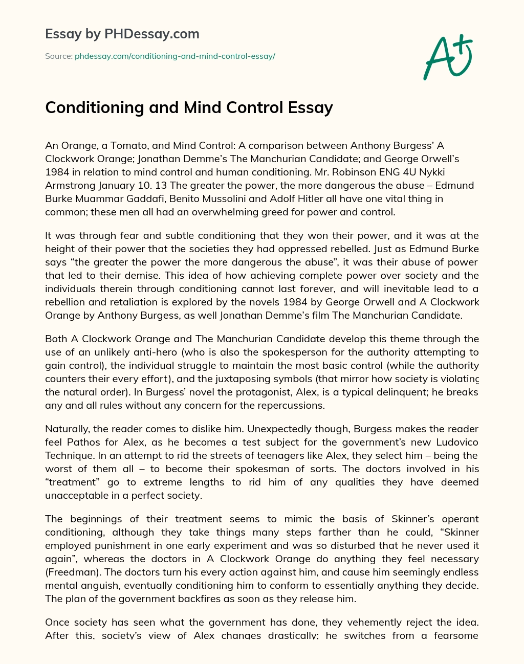 Conditioning and Mind Control Essay essay