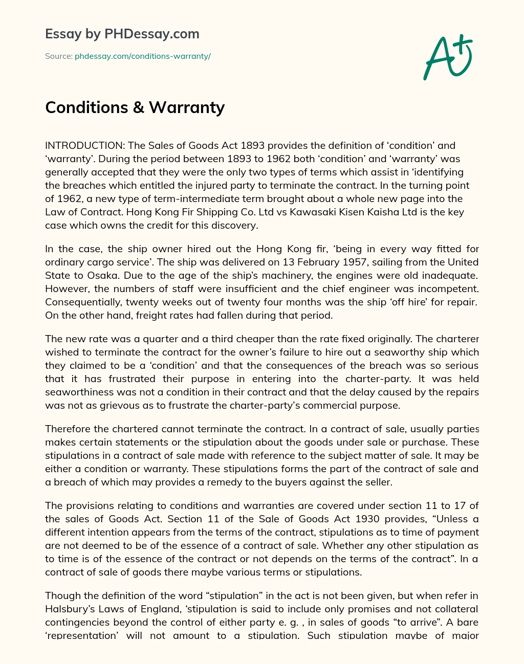Conditions & Warranty essay