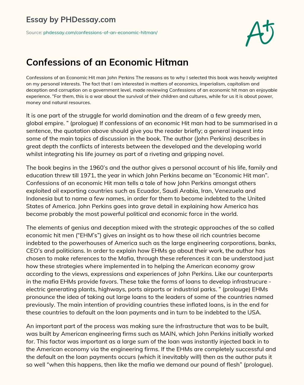 Confessions of an Economic Hitman essay