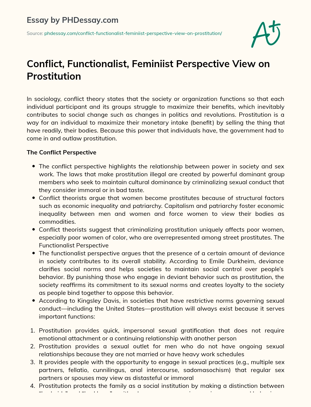 Conflict, Functionalist, Feminiist Perspective View on Prostitution essay