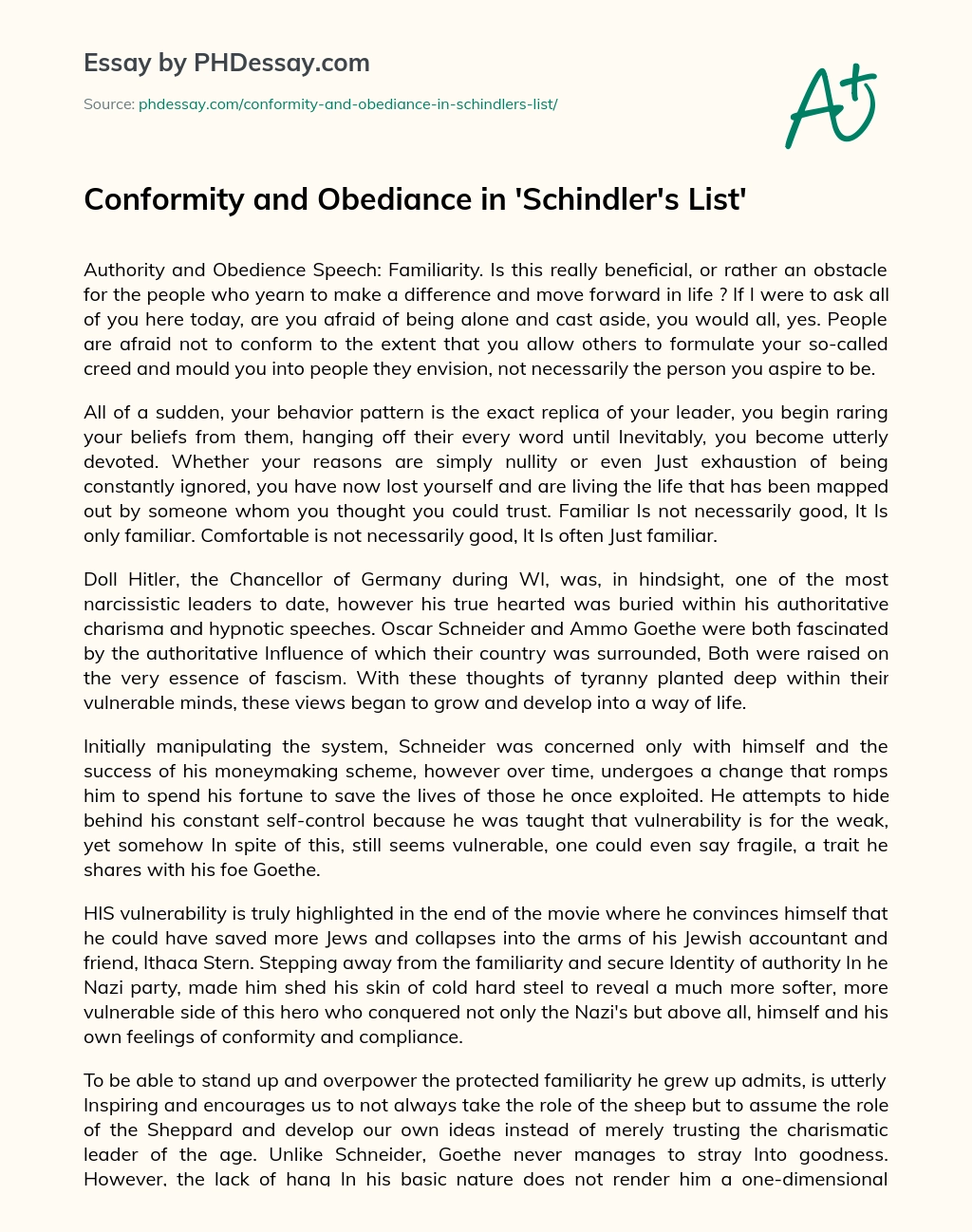 Conformity and Obediance in ‘Schindler’s List’ essay