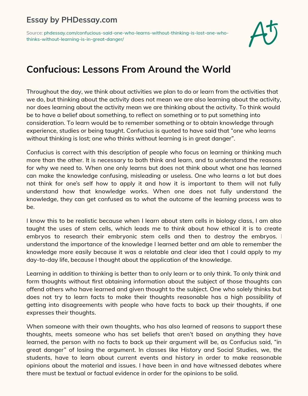 Confucious: Lessons From Around the World essay