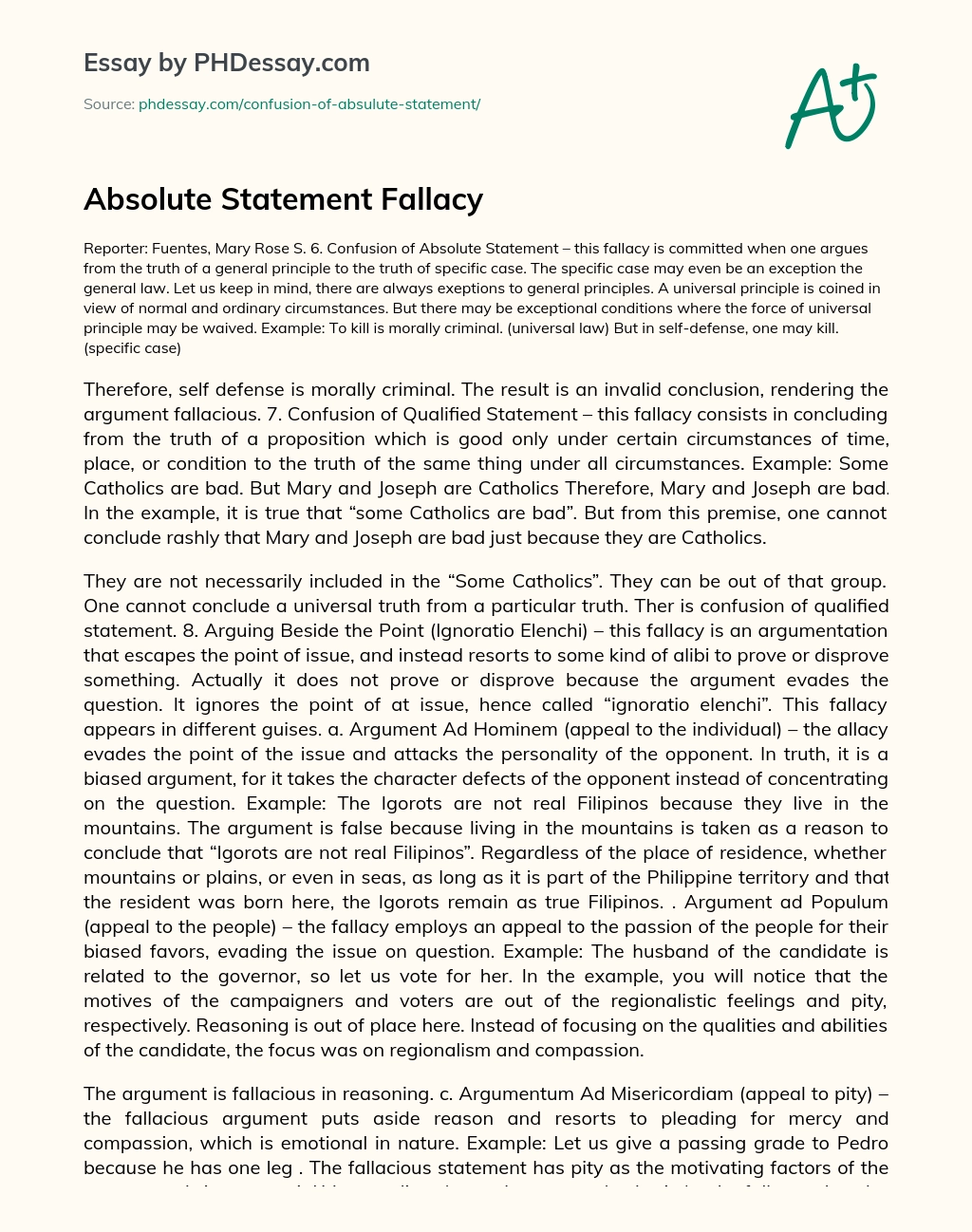 Absolute Statement Fallacy essay