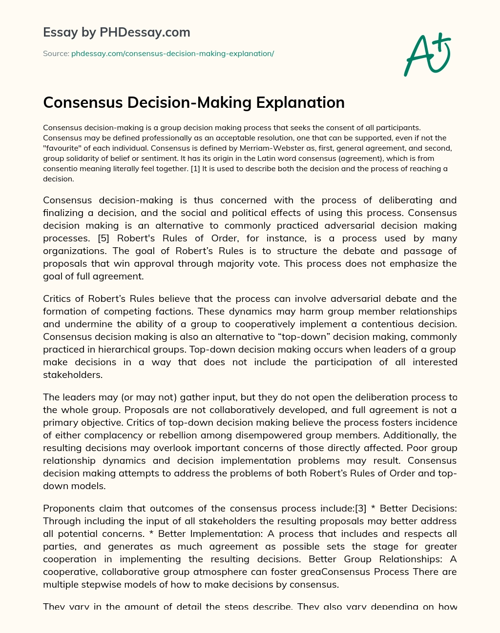 Consensus Decision-Making Explanation essay