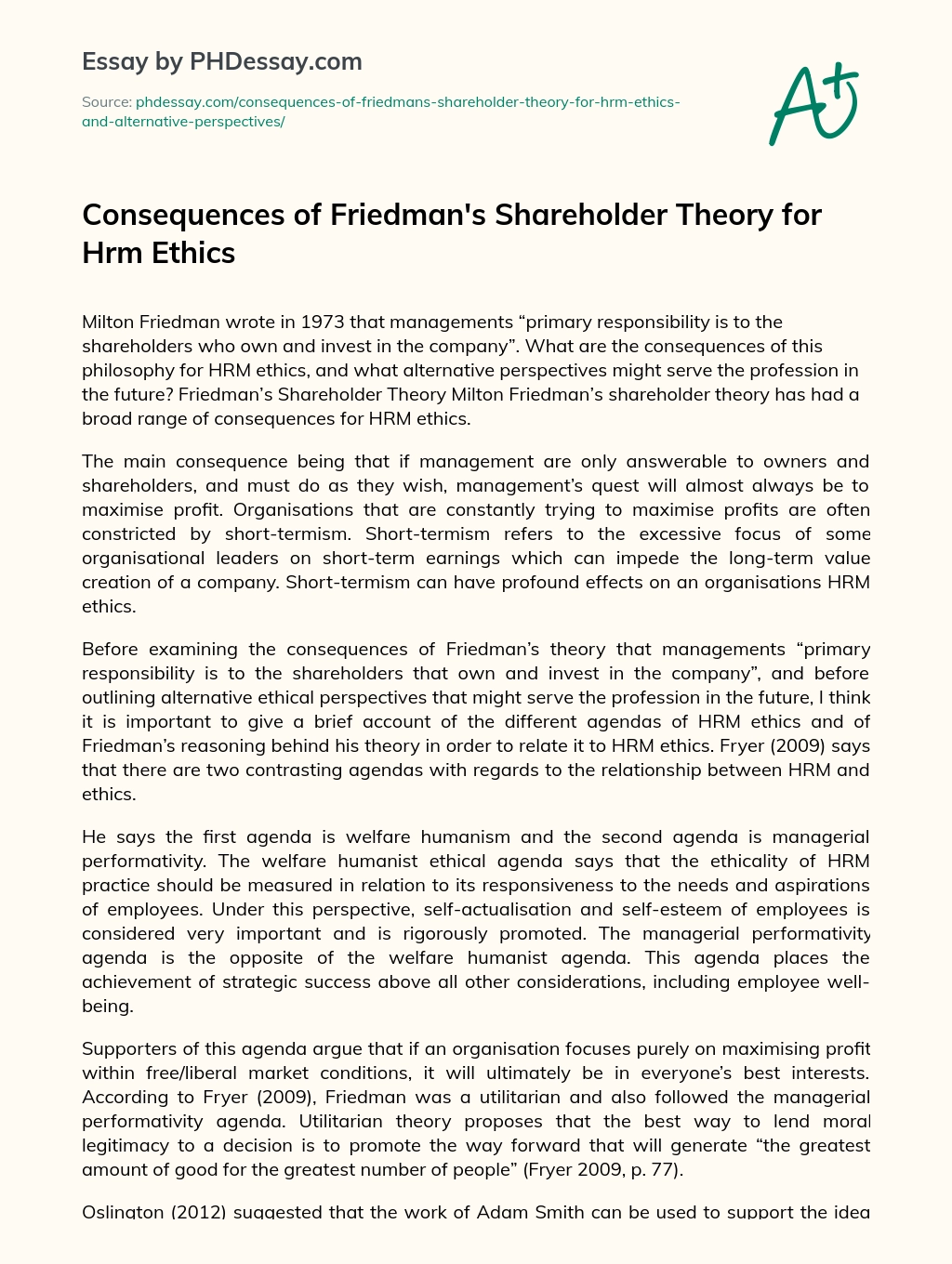 Consequences of Friedman’s Shareholder Theory for Hrm Ethics essay