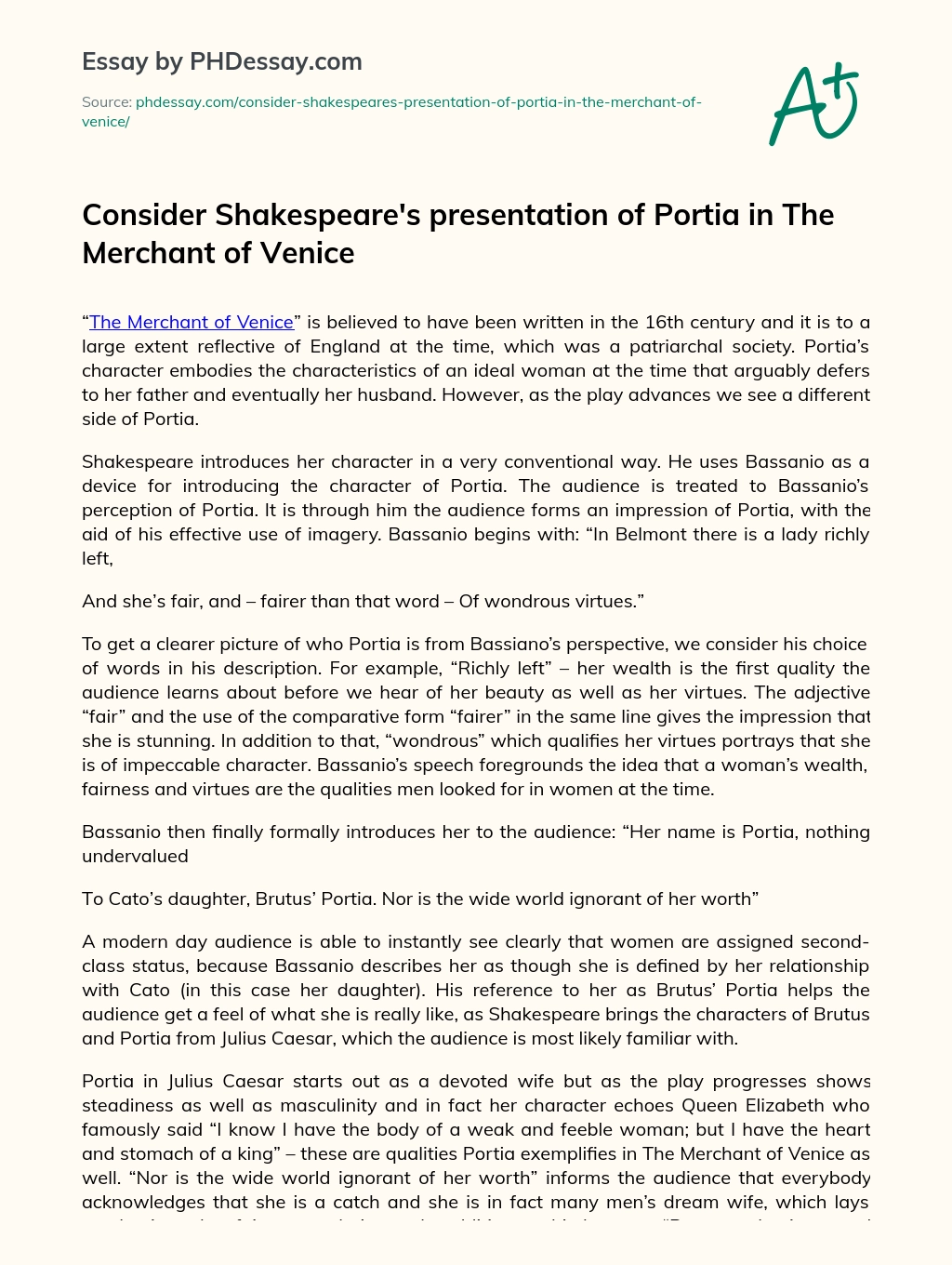 Consider Shakespeare’s presentation of Portia in The Merchant of Venice essay