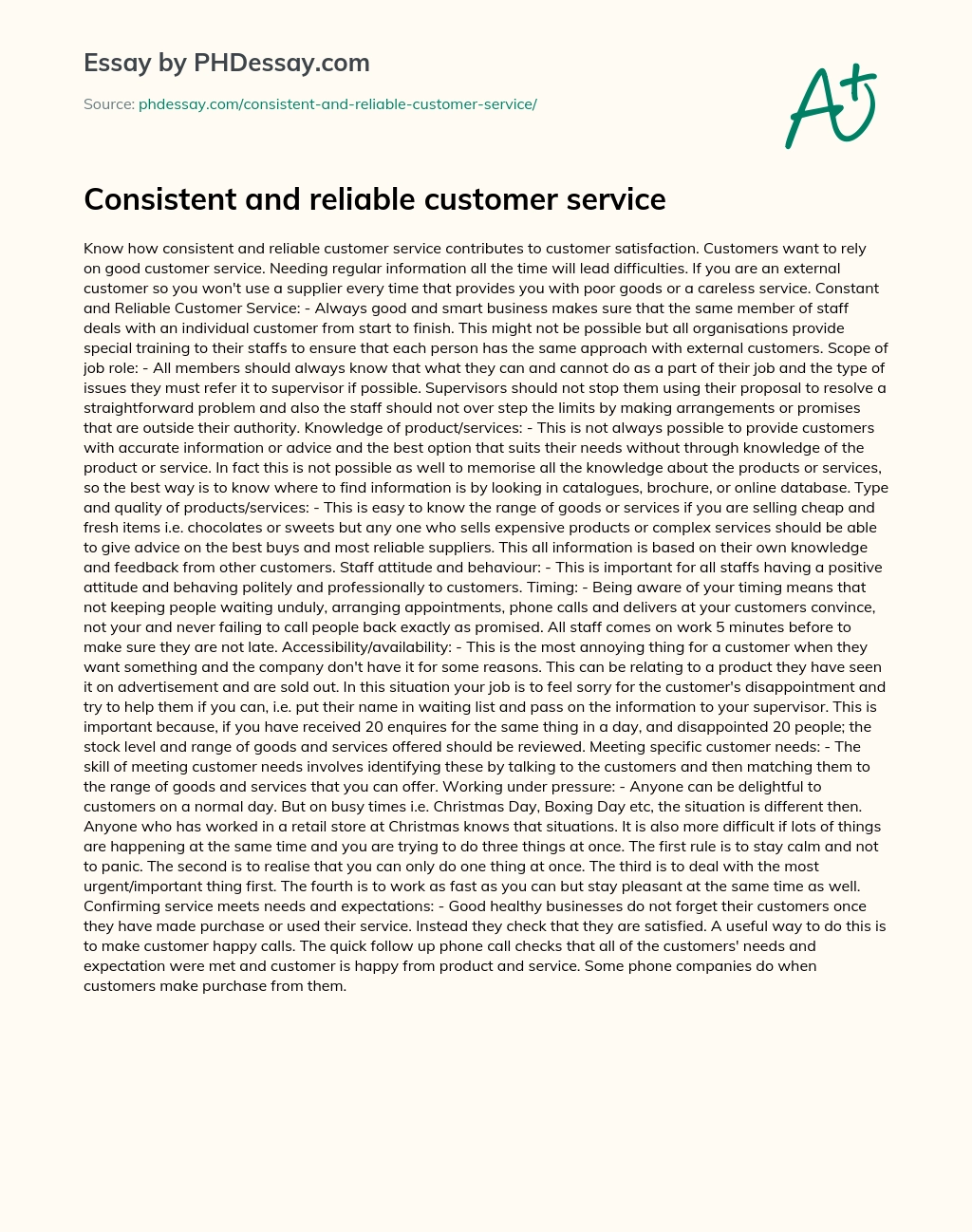 Consistent and Reliable Customer Service essay