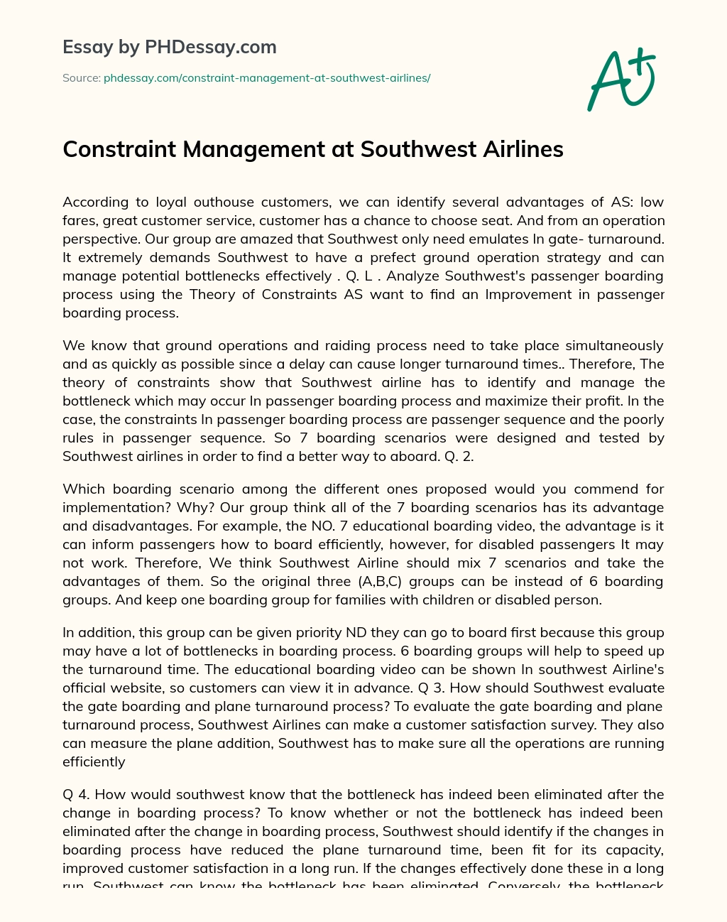 Constraint Management at Southwest Airlines essay