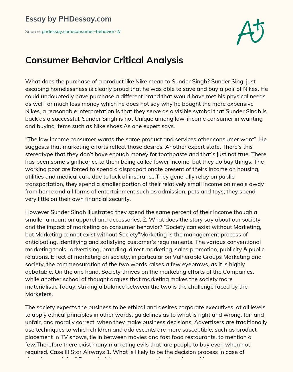 Consumer Behavior Critical Analysis essay
