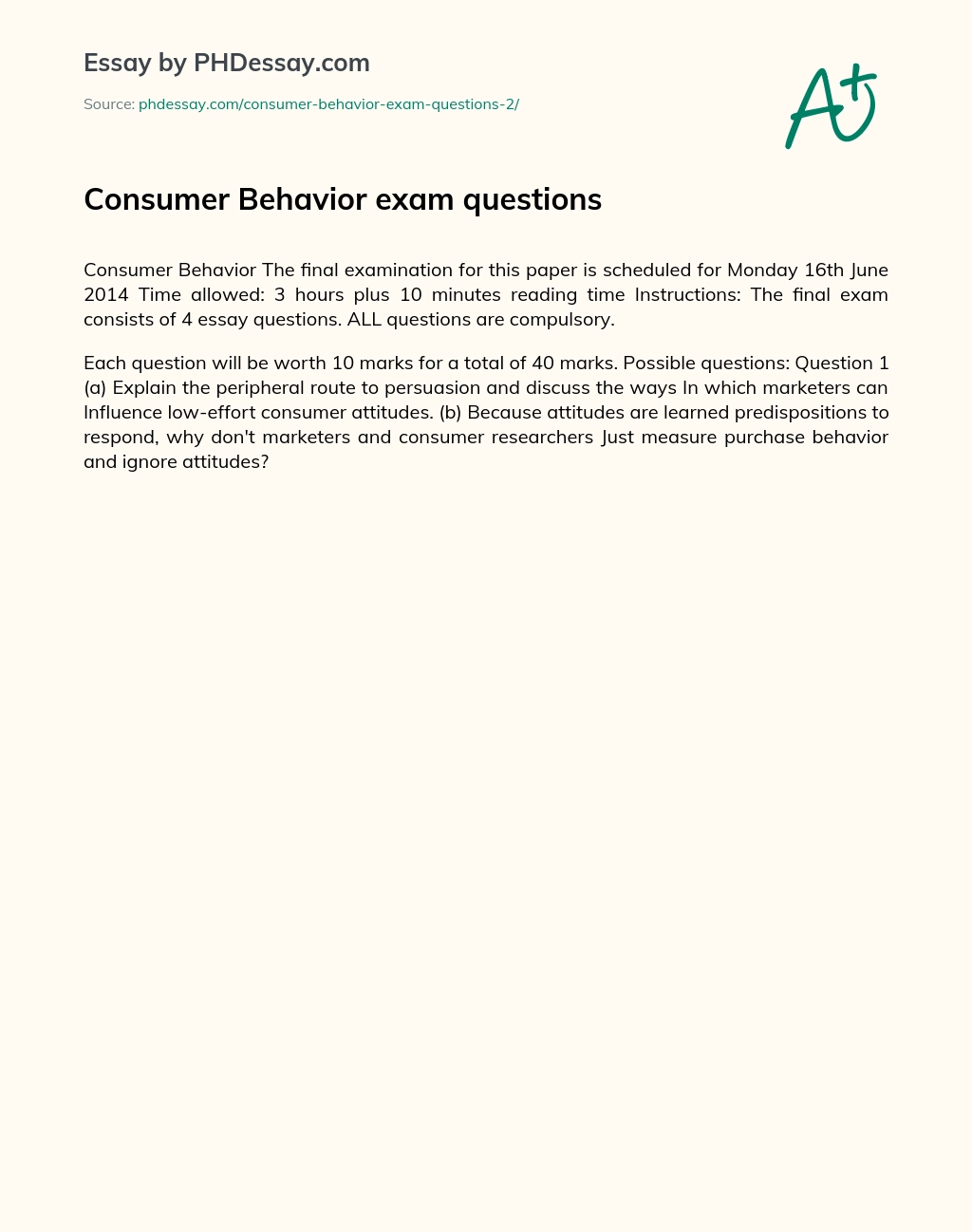 Consumer Behavior exam questions essay