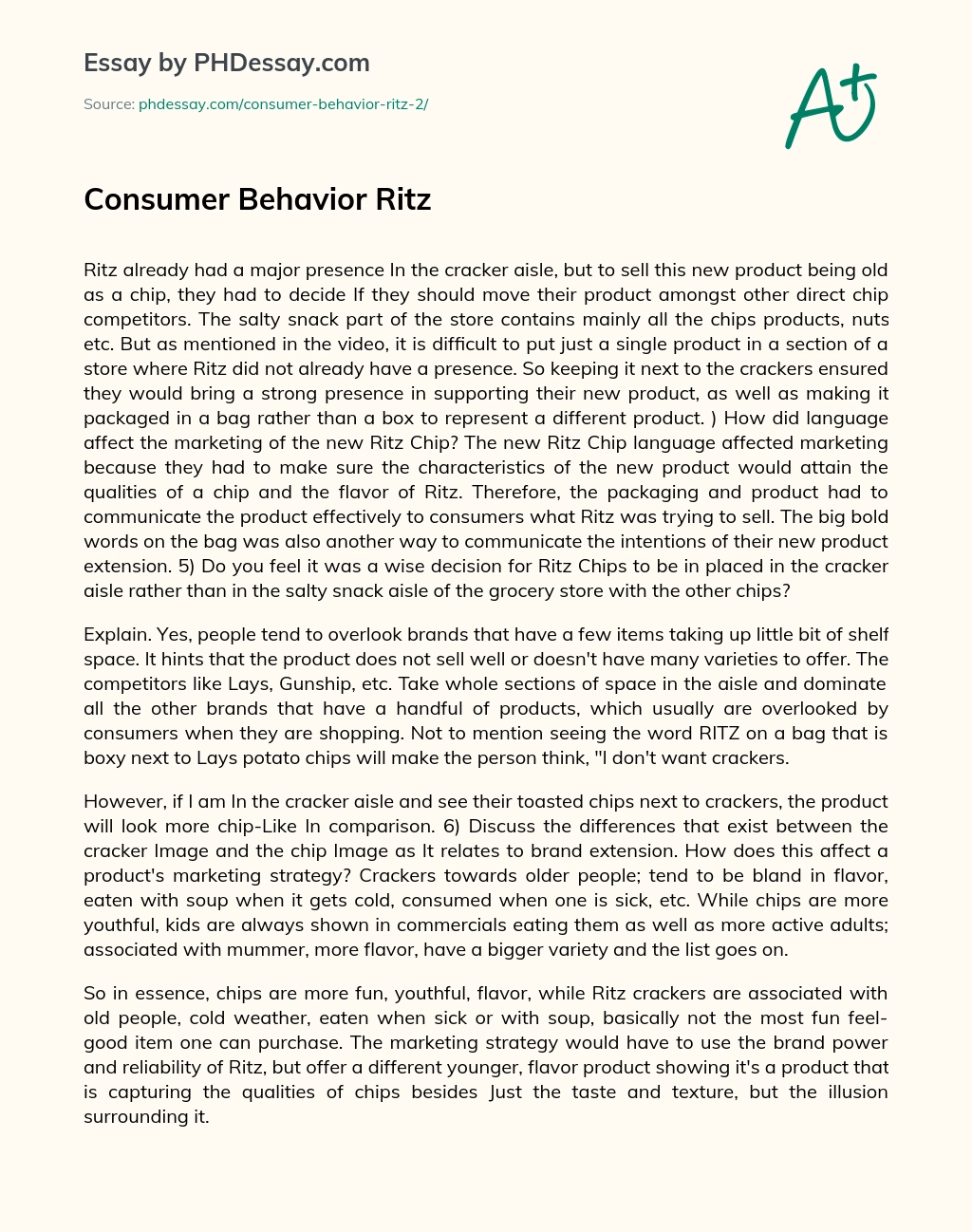 Consumer Behavior Ritz essay