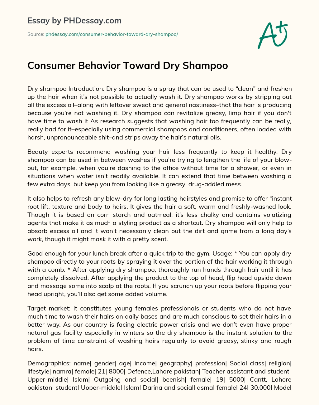 Consumer Behavior Toward Dry Shampoo essay