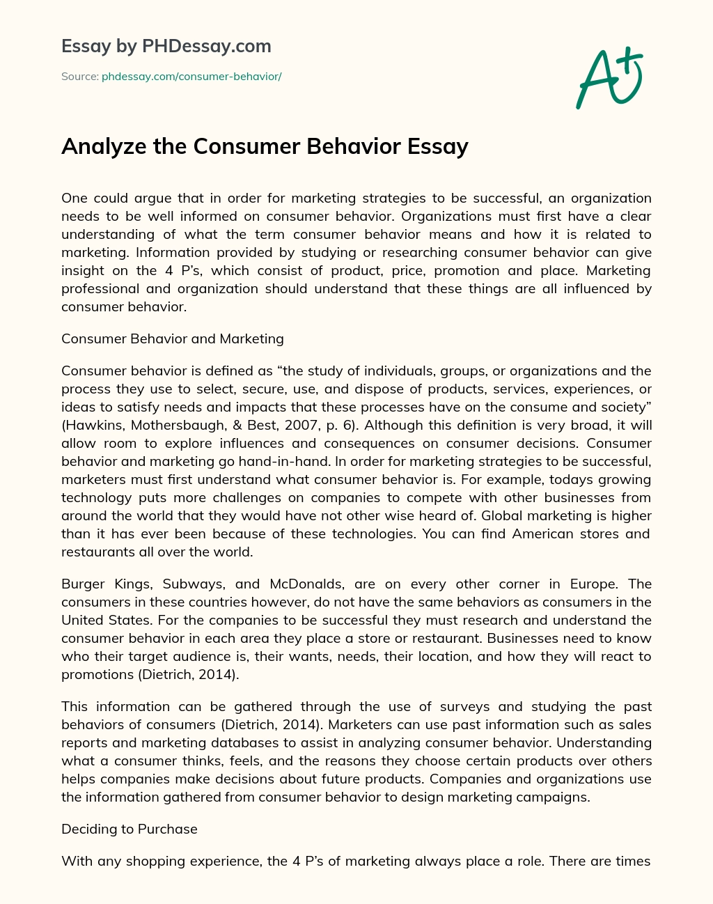 Analyze the Consumer Behavior Essay essay