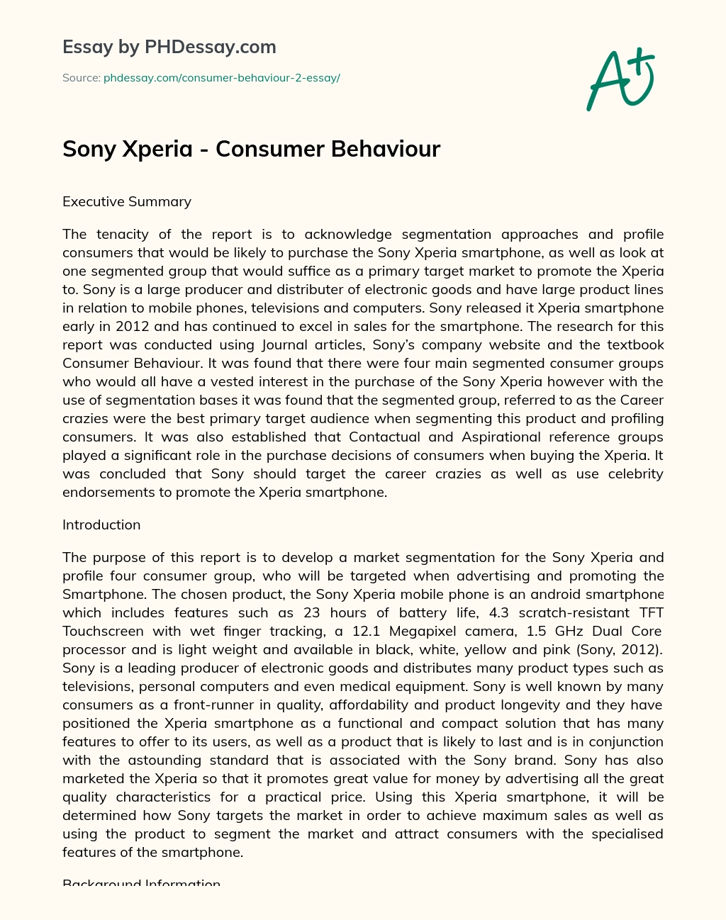 Sony Xperia – Consumer Behaviour essay
