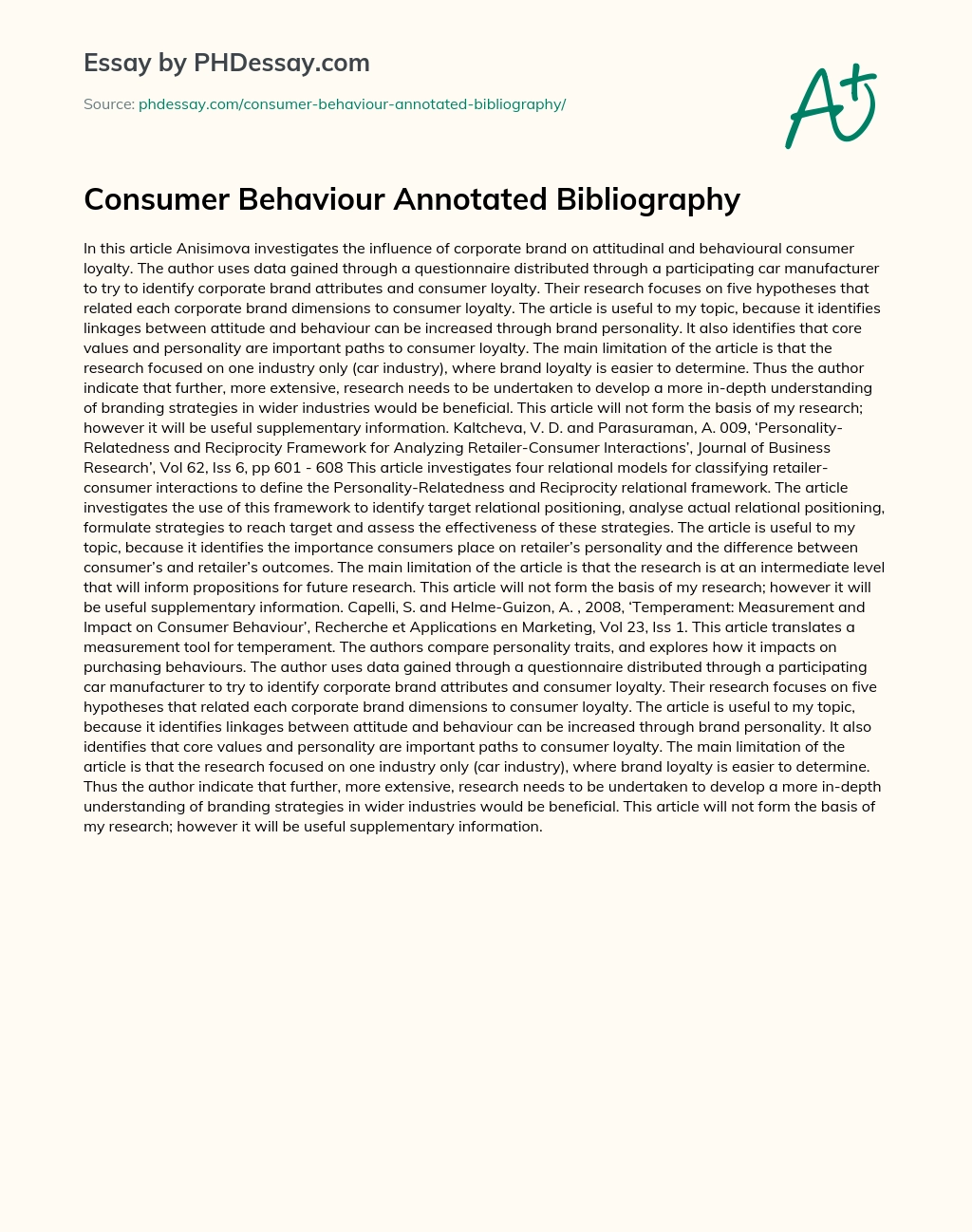 Consumer Behaviour Annotated Bibliography essay