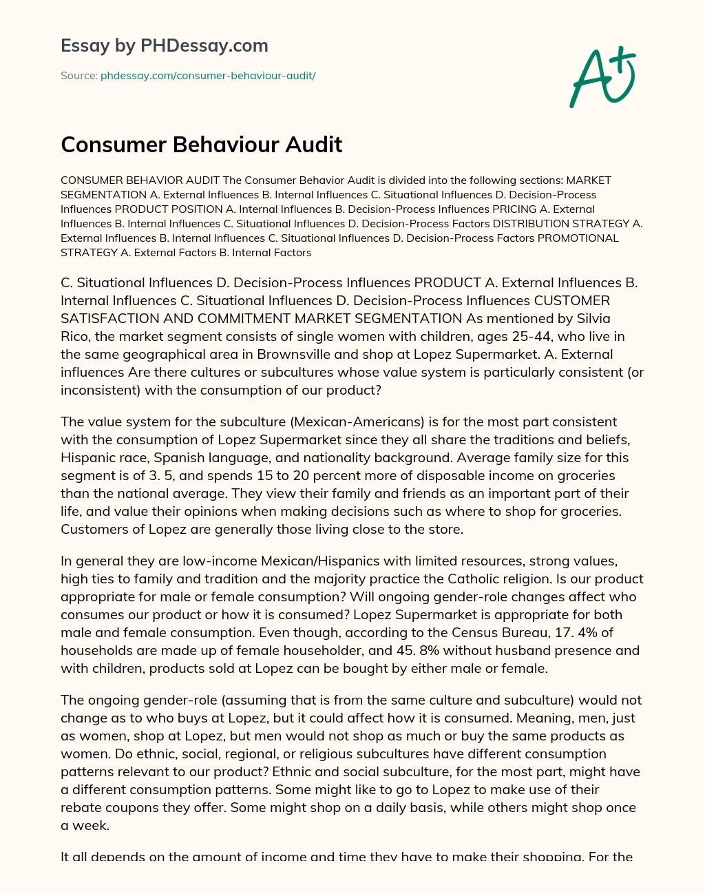 Consumer Behaviour Audit essay