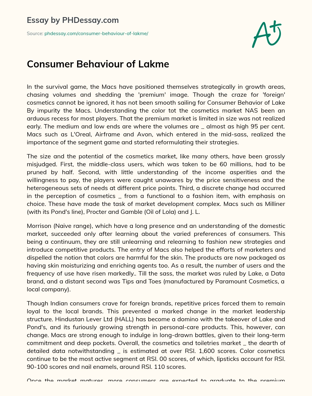 Consumer Behaviour of Lakme essay