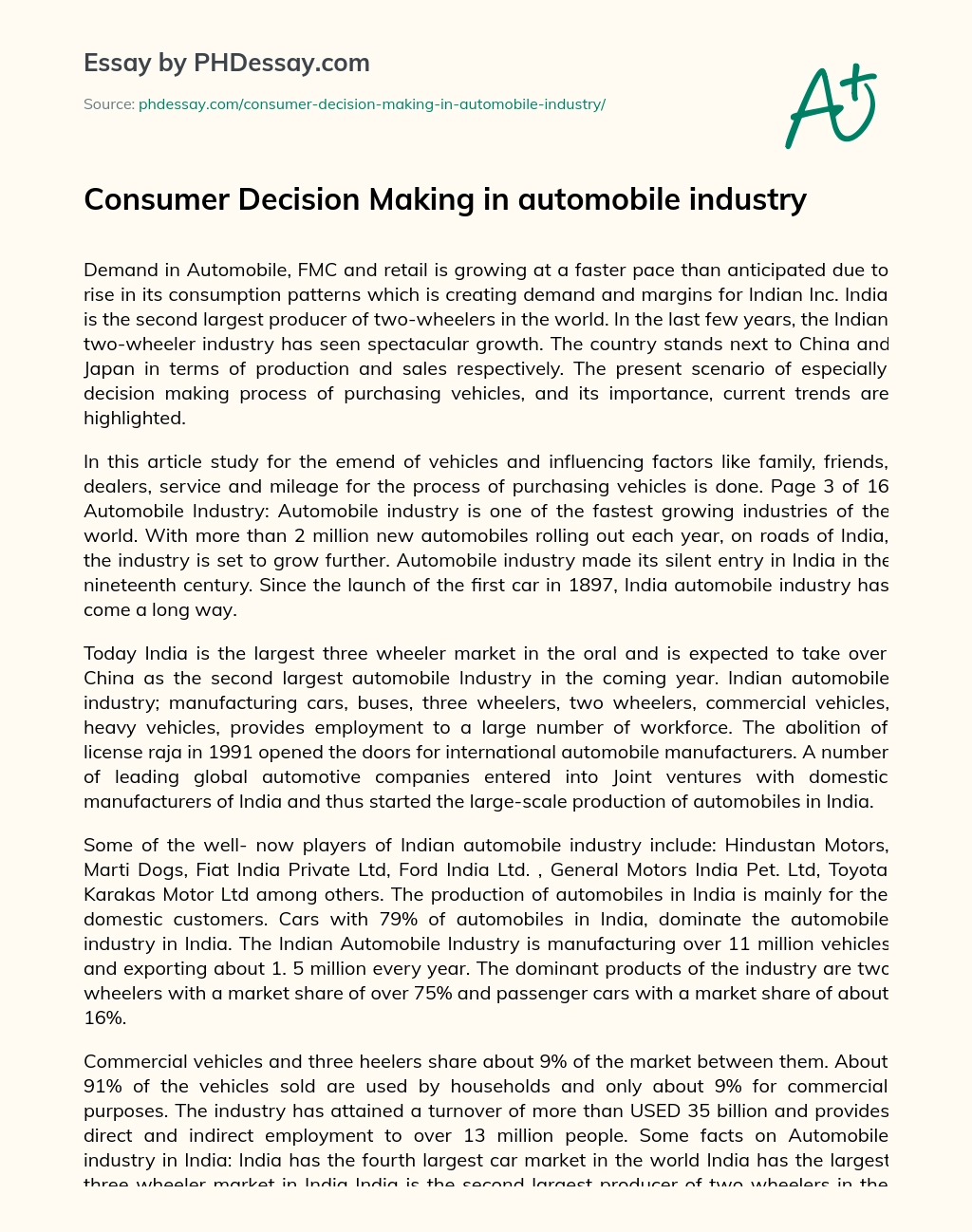 Consumer Decision Making in Automobile Industry essay