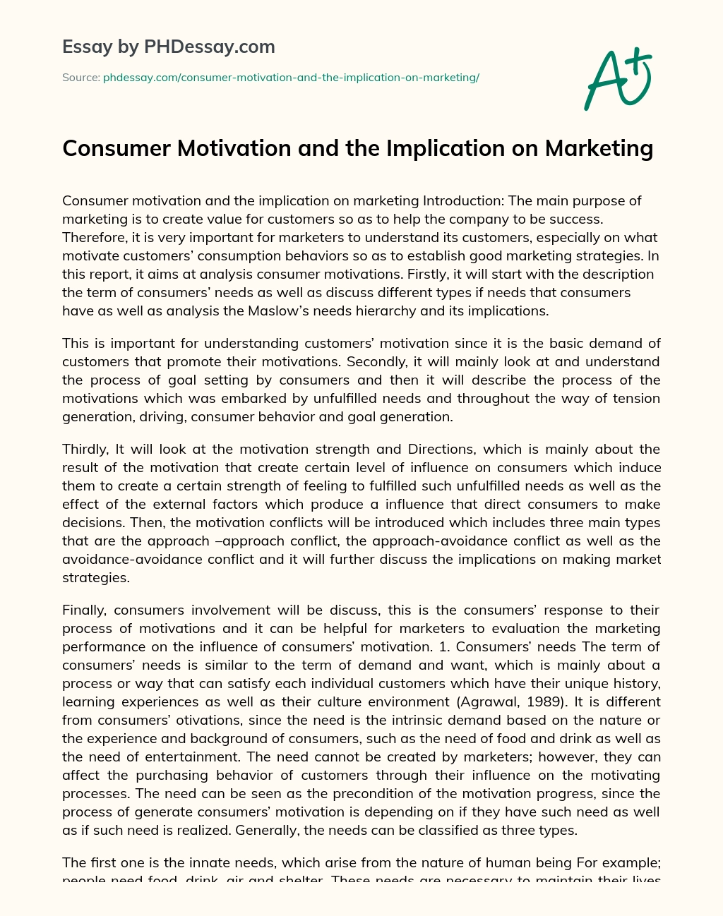 Consumer Motivation and the Implication on Marketing essay