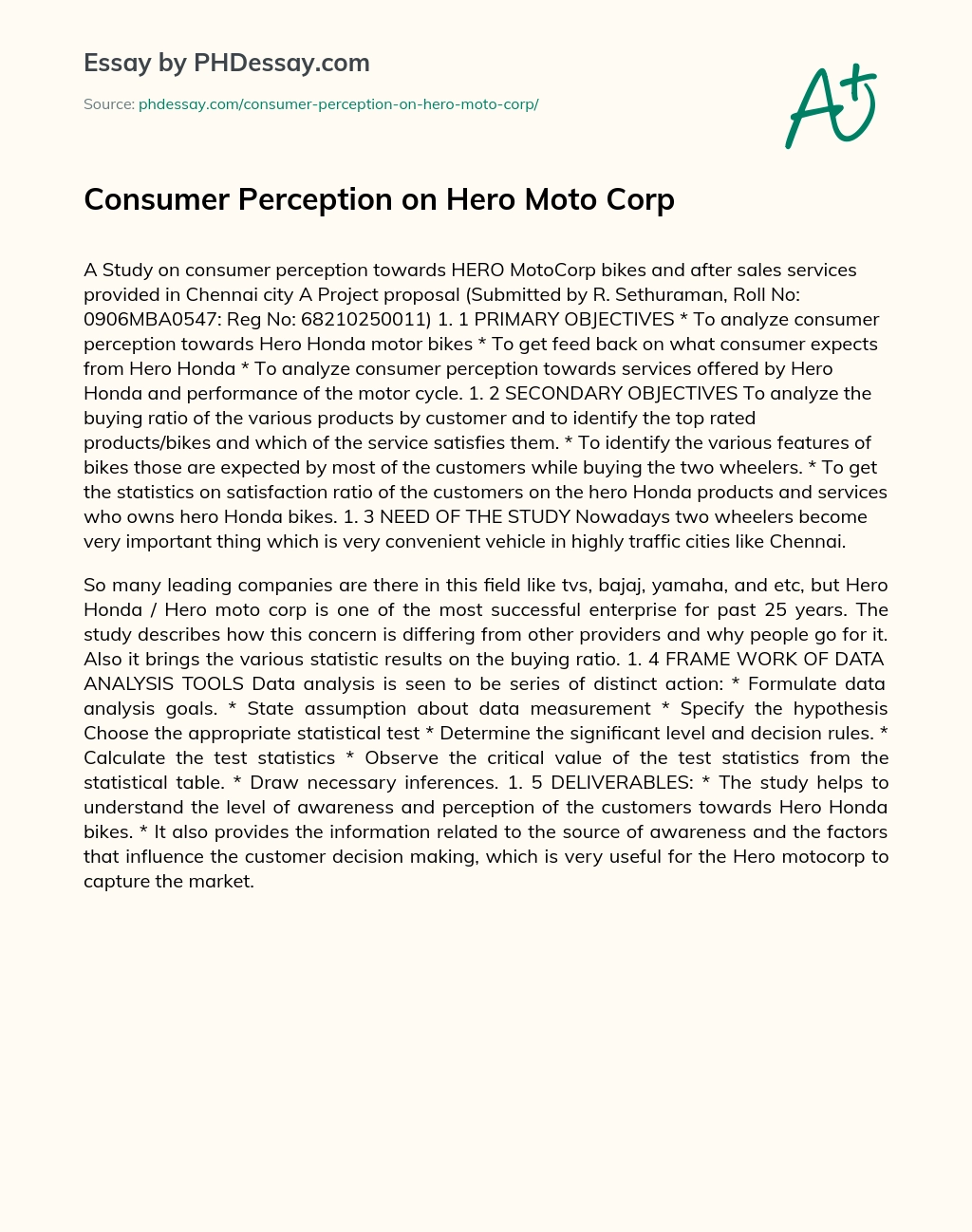 Consumer Perception on Hero Moto Corp essay