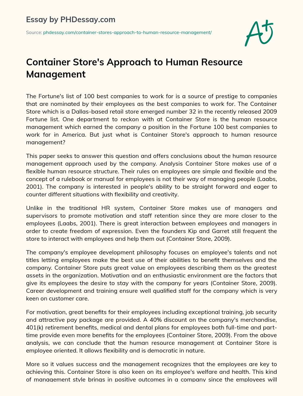 Container Store’s Approach to Human Resource Management essay
