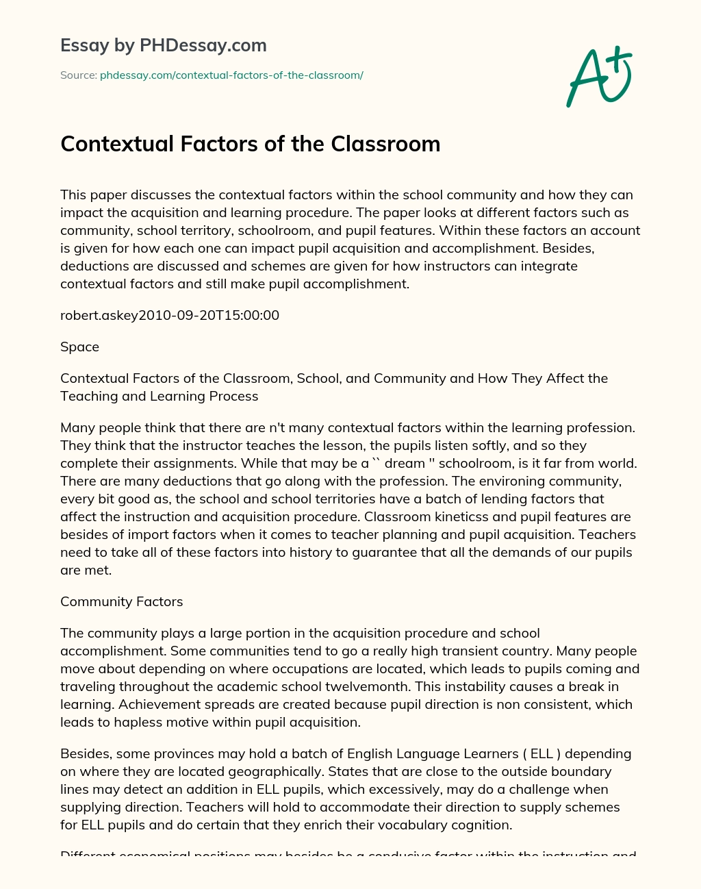Contextual Factors of the Classroom essay