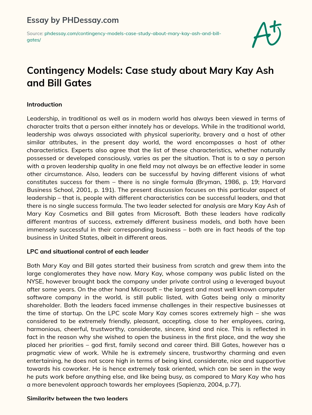 Contingency Models: Case study about Mary Kay Ash and Bill Gates essay