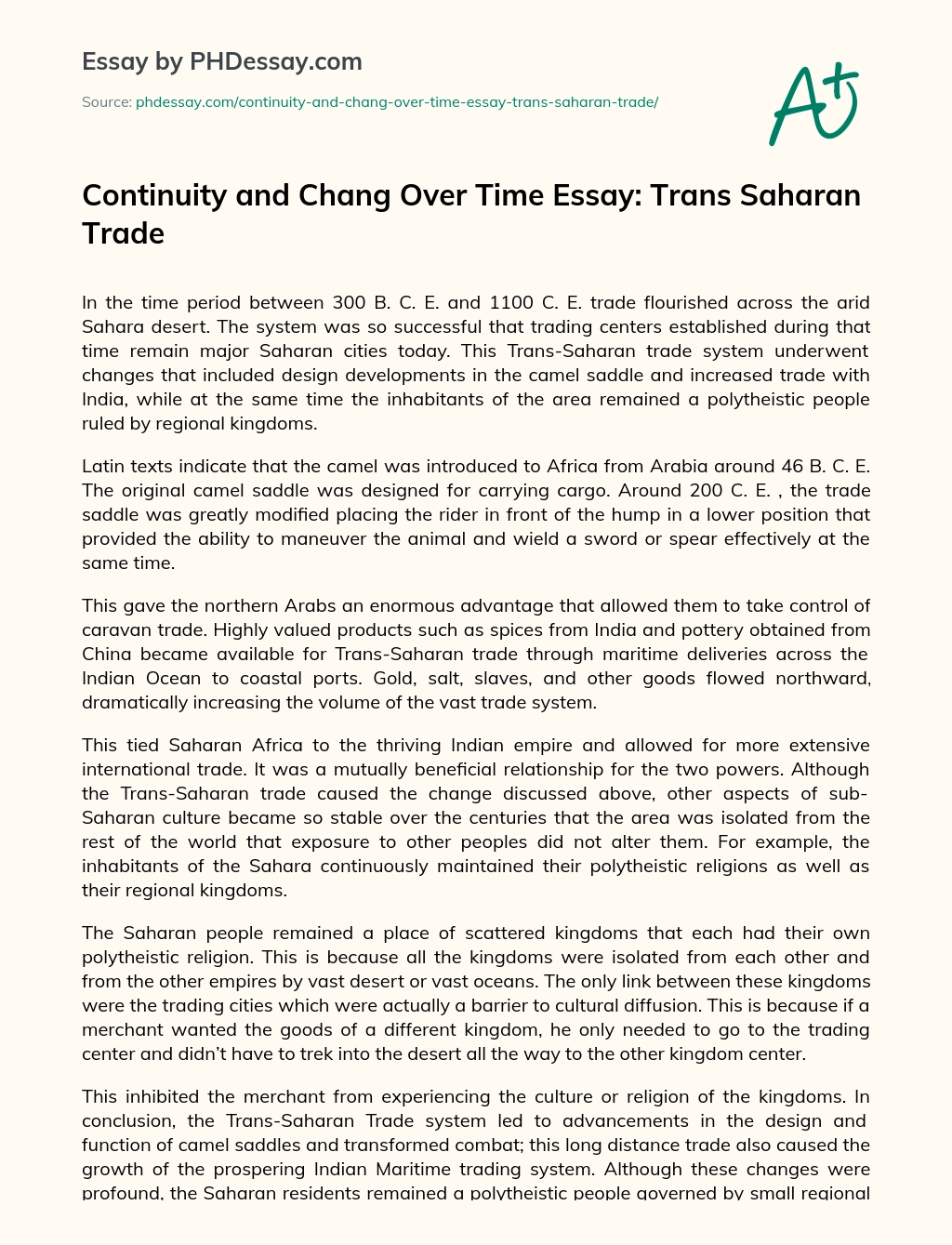 Continuity and Chang Over Time Essay: Trans Saharan Trade essay