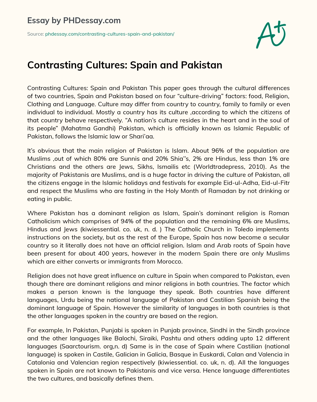 Contrasting Cultures: Spain and Pakistan essay