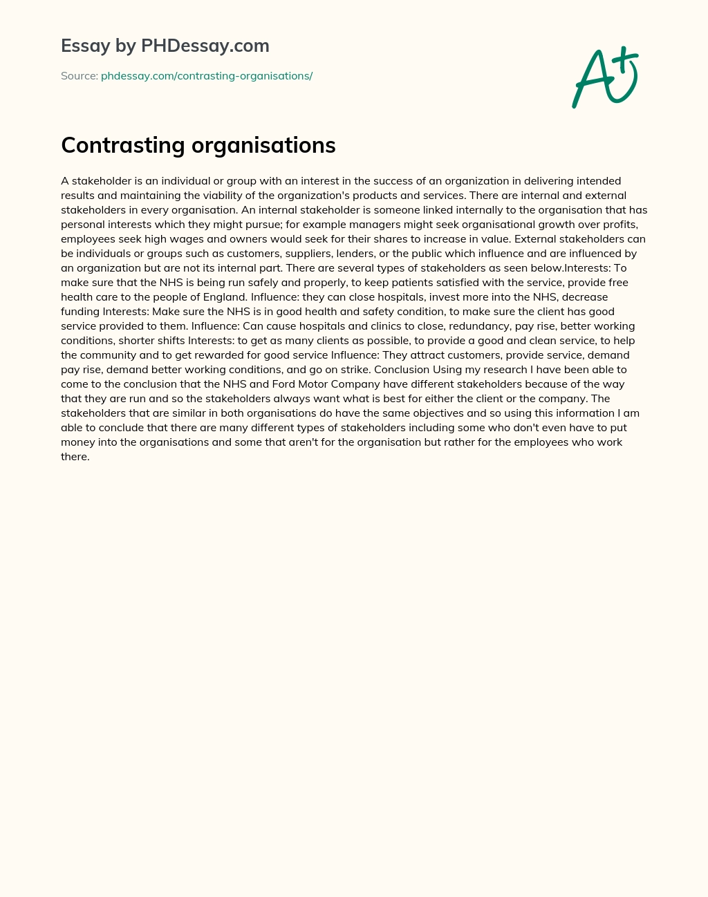 Contrasting organisations essay